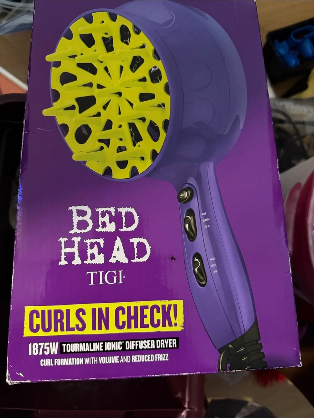 BedHead Purple Hair Dryer with Bright Yellow Diffuser Attachment